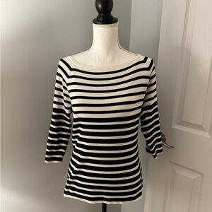 Chico's Black & White Stripe Lightweight Crew Neck Sweater 3/4 sleeves SZ 1(6-8)